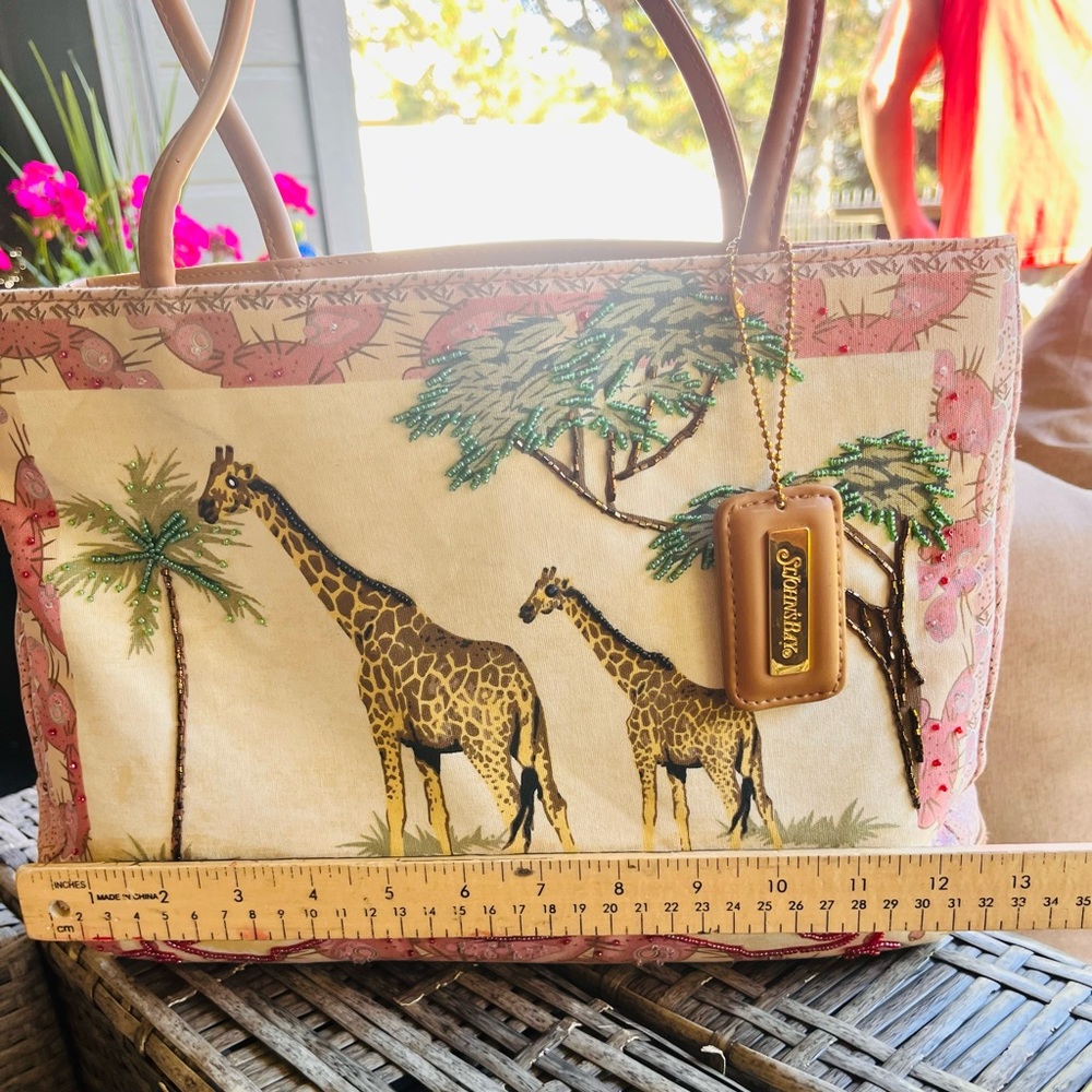 St. John's Bay Pink and Tan Giraffe Print & Beaded Canvas Tote - Picture 9 of 9